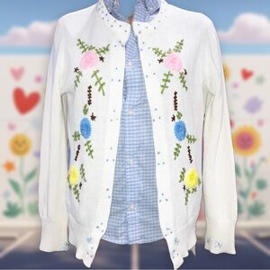 Handknit Vintage Mantessa Cozy Cardigan Sweater Hand Embroidery Floral Crochet S